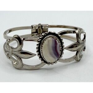 Vintage‎ Fleur de Lis Hinged Bracelet Silver Tone Quartz Cabochon 8"